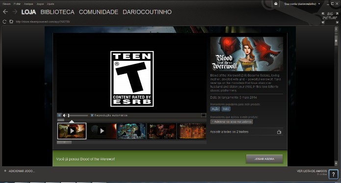 Concluída a compra, você irá retornar a página do jogo na Steam e poderá baixá-lo clicando no botão Jogar Agora (Foto: Reprodução / Dario Coutinho)