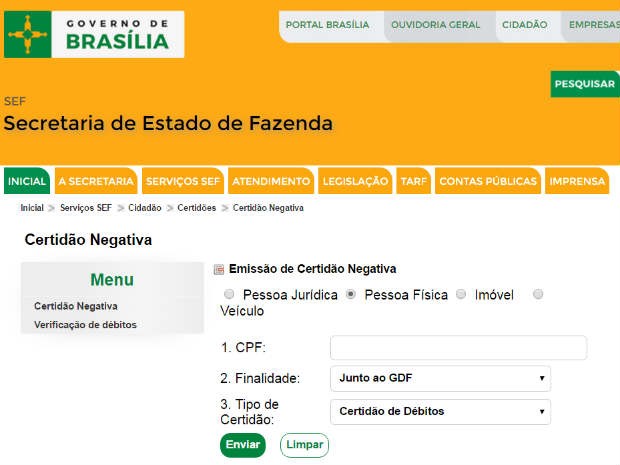 Certidão negativa de débitos pode ser emitida no site da Secretaria de Fazenda (Foto: GDF/Reprodução)