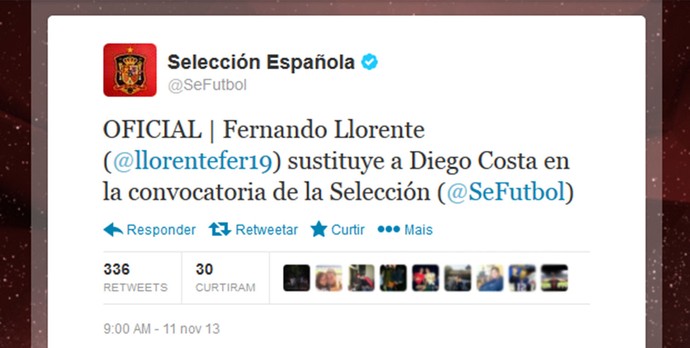 Diego Costa cortada seleção Espanha twitter (Foto: Reprodução / Twitter)