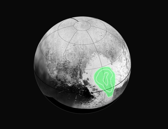Dados da sonda New Horizons, da Nasa, mostram região de Plutão rica em monóxido de carbono congelado (Foto: NASA/JHUAPL/SWRI)