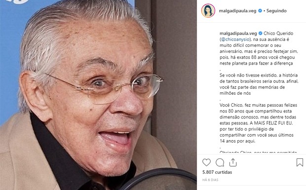Malga di Paula, viúva de Chico Anysio, parabeniza o humorista no dia em que ele faria 88 anos (Foto: Reprodução/Instagram)