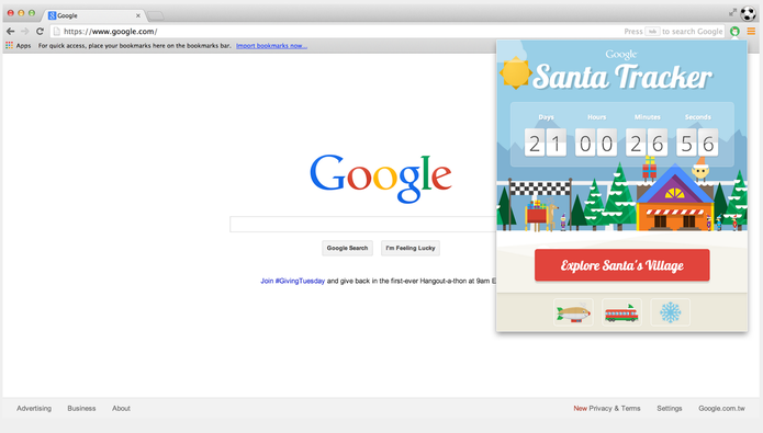 Extensão para Chrome Google Santa Tracker permite seguir o Papai Noel (Foto: Reprodução/Google) Extensão para Chrome Google Santa Tracker permite seguir o Papai Noel (Foto: Reprodução/Google)