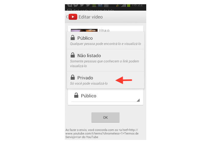 Marcando um vídeo como privado no YouTube através de um dispositivo Android (Foto: Reprodução/Marvin Costa)