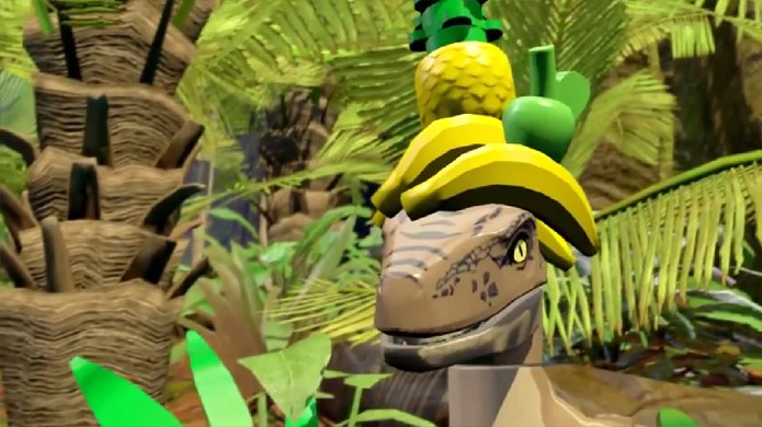 LEGO Jurassic World continuará o legado de piadas da série, como essa referência a Carmen Miranda (Foto: Reprodução/YouTube)