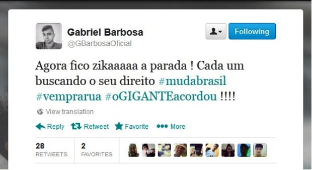 Gabriel Barbosa Twitter protestos (Foto: Reprodução / Twitter)
