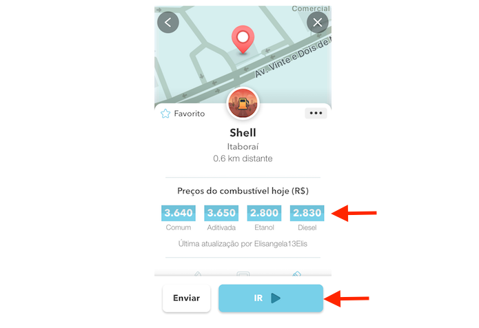 Visualizando os valores de combustíveis de um posto de gasolina pelo Waze para iPhone (Foto: Reprodução/Marvin Costa) Visualizando os valores de combustíveis de um posto de gasolina pelo Waze para iPhone (Foto: Reprodução/Marvin Costa)