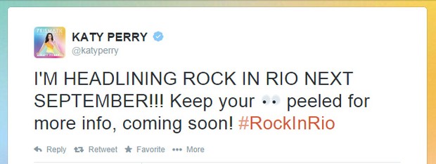 Katy Perry confirma participação no Rock in Rio 2015 (Foto: Twitter / Reprodução)
