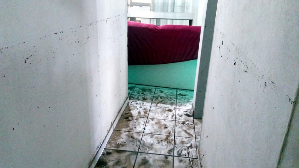 Em uma residência, as marcas nas paredes mostram o nível em que a água chegou (Foto: Marksuel Figueiredo/Inter TV Cabugi )