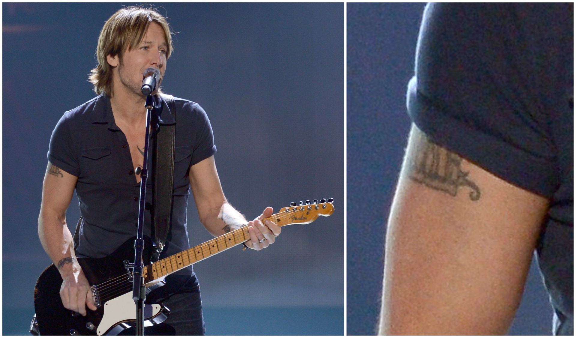 O cantor country Keith Urban tatuou "NICOLE" no braço direito. Uma homenagem à atriz Nicole Kidman, sua esposa. (Foto: Getty Images)