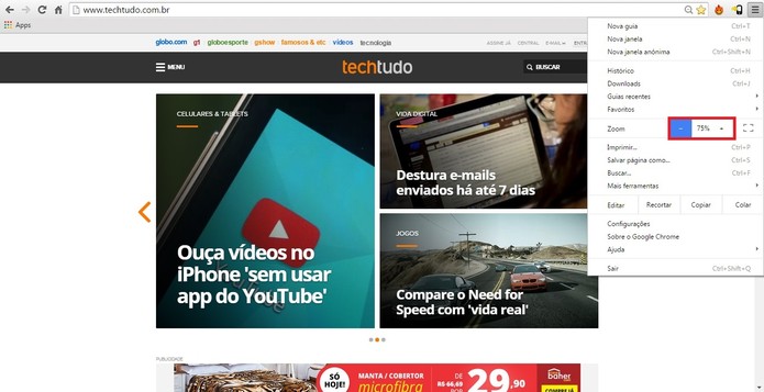 Ferramenta de zoom do Chrome em destaque (Foto: Reprodução/Raquel Freire)