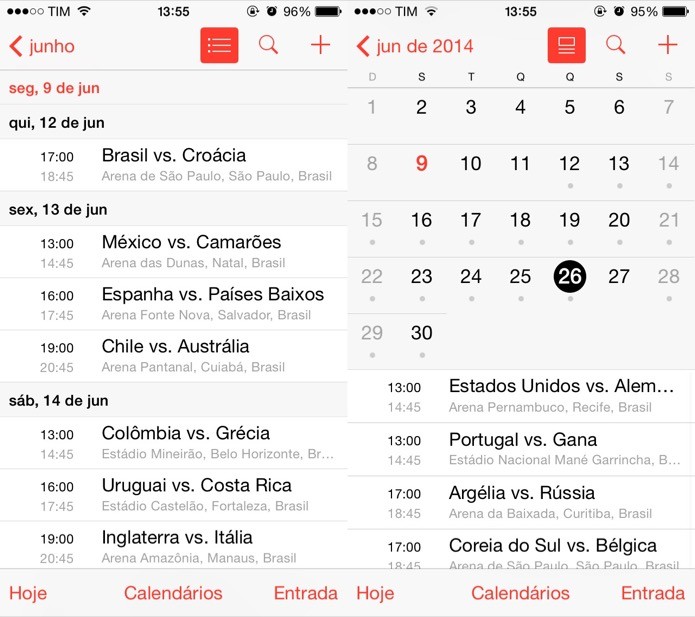 Jogos da copa no calendário do iOS (Foto: Reprodução/Helito Bijora)
