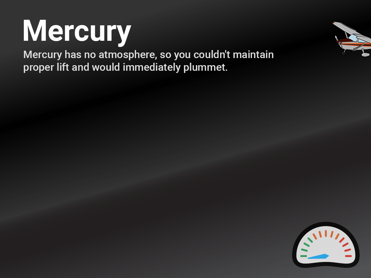 Mercúrio não tem atmosfera, então você não conseguiria se manter na altitude necessária e cairia imediatamente (Foto: Randall Munroe)