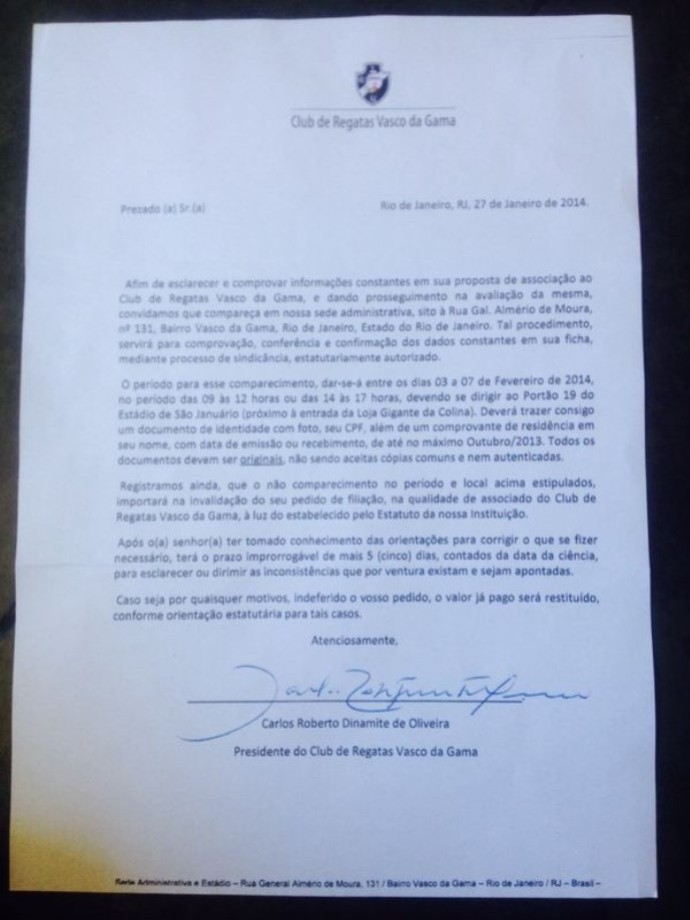 Carta contra mensalão das eleições do Vasco (Foto: Reprodução)