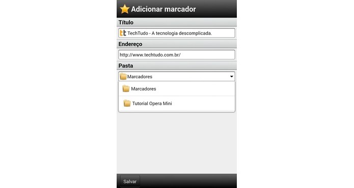 Tela Adicionar marcador do Opera Mini (Foto: Reprodução/ Raquel Freire)