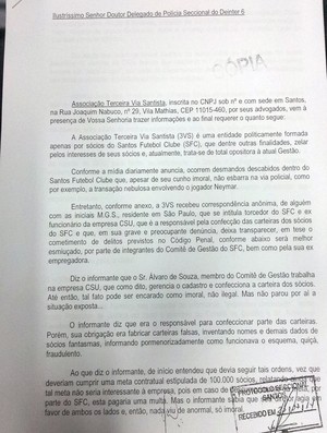 Santos documento denúncia (Foto: Lincoln Chaves)