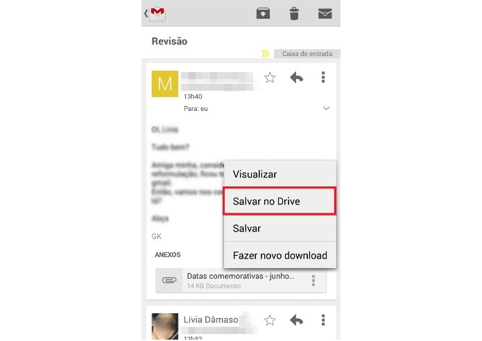 Salvando o anexo do e-mail direto no Google Drive (Foto: Reprodução/Lívia Dâmaso)
