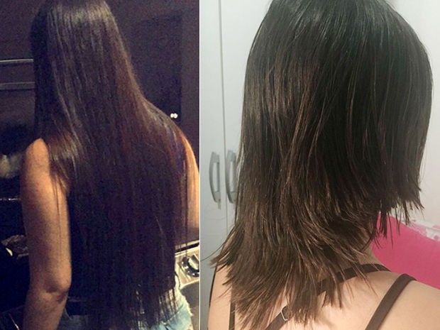 Jovem teve o cabelo cortado durante sequestro em Cuiabá; imagem mostra antes e depois (Foto: Arquivo pessoal)