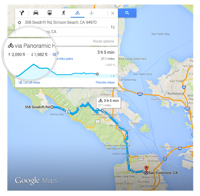 Google Maps agora diz se caminho é plano ou tem inclinações para ciclistas (Foto: Reprodução/Google)