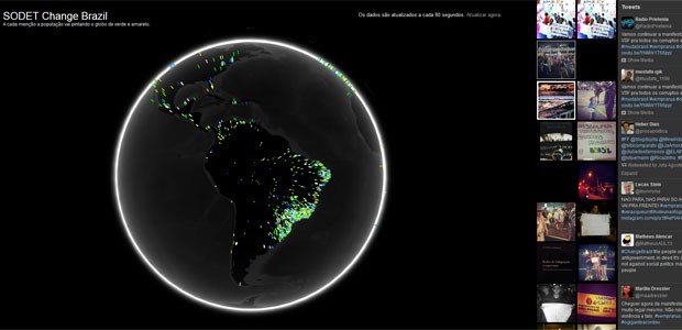 Globo terrestre virtual mostra origem de protestos no mundo todo, via Twitter e Instagram. (Foto: Reprodução/Sodet)