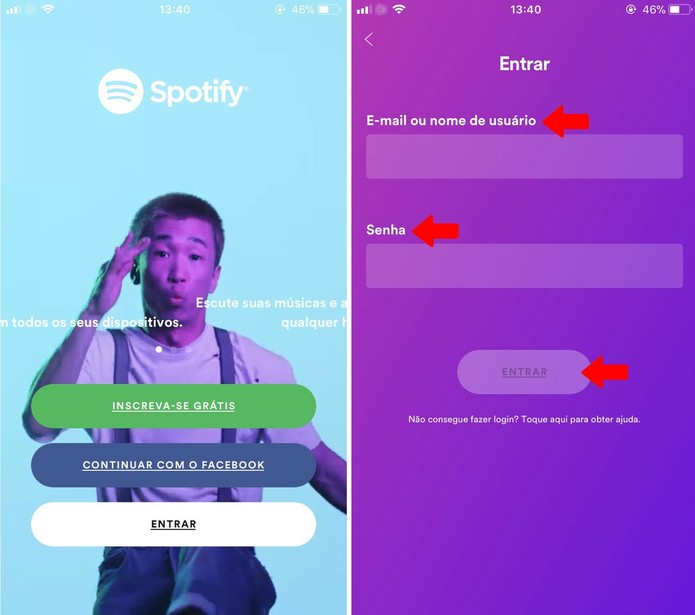 Entre no Spotify pelo smartphone (Foto: Reprodução/Rodrigo Fernandes) Entre no Spotify pelo smartphone (Foto: Reprodução/Rodrigo Fernandes)