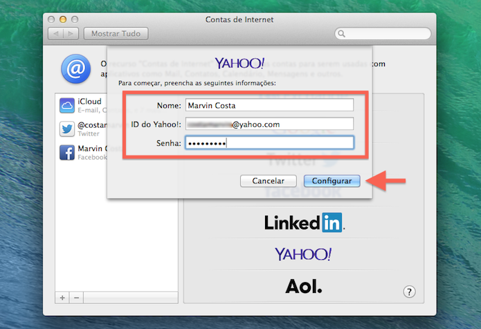 Vinculando uma conta do Yahoo! ao Mac OS X (Foto: Reprodução/Marvin Costa)