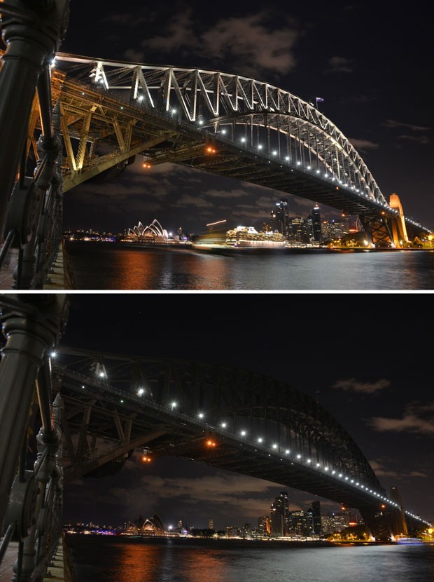 Combinação de fotos mostra a Ponte de Sydney e a Opera House com luz e sem luz durante a Hora do Planeta neste sábado (28) (Foto: Peter Parks/AFP)