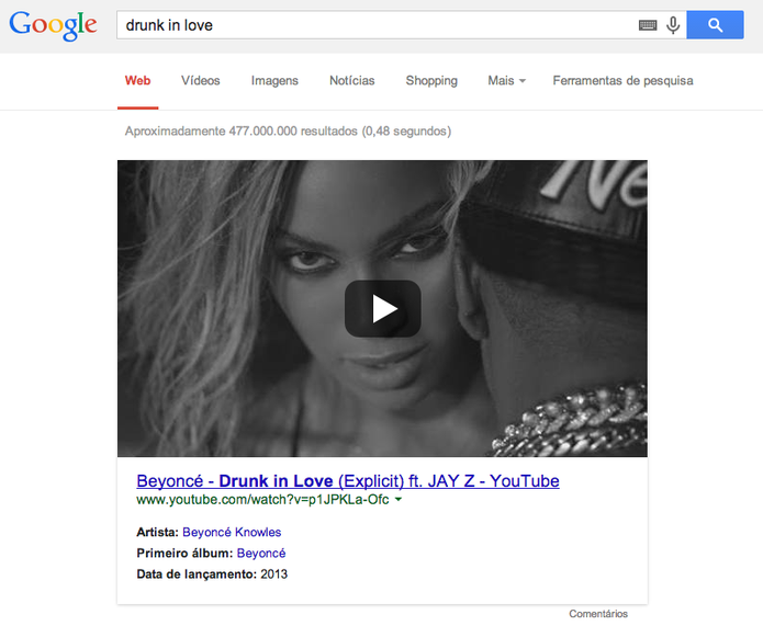 Busca por 'drunk in love' mostra em destaque vídeo da cantora Beyoncé Knowles (Foto: Reprodução/YouTube)