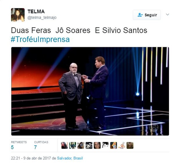 Internautas elogiam reecontro de Jô Soares e Silvio Santos no Troféu Imprensa (Foto: Reprodução / Twitter)