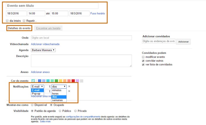 Personalize dados do evento e crie alertas no Gmail (Foto: Reprodução/Barbara Mannara)