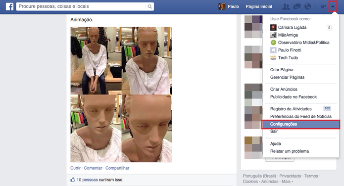Acesse as configurações de sua conta a partir da página inicial do Facebook (Foto: Reprodução/Paulo Finotti)
