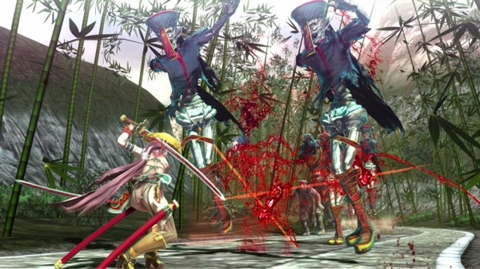 Apesar de ter alguma variedade o combate de Onechanbara Z2: Chaos fica repetitivo rapidamente (Foto: Reprodução/Gematsu)