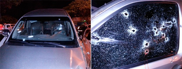 Carro de uma das vítimas ficou crivado de balas após criminosos trocarem tiros com a polícia (Foto: Kleber Teixeira/Inter TV Cabugi)