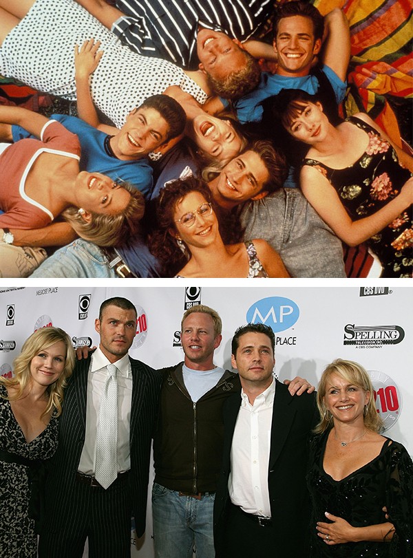 Na foto de baixo, Jennie Garth, Brian Austin Green, Ian Ziering, Jason Priestley e Gabrielle Carteris (Foto: Reprodução / Getty Images)