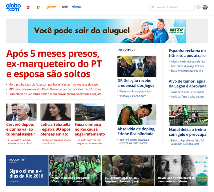 Nova Home da Globo.com tem mais colunas na parte superior (Foto: Reprodução/TechTudo)