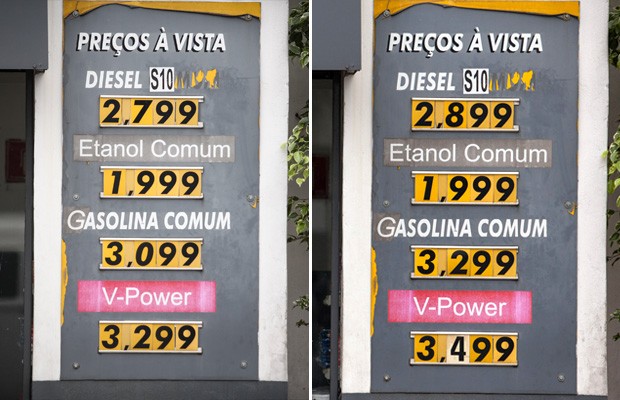 Posto na avenida Morumbi, Zona Sul de São Paulo, reajusta preço da gasolina comum em R$ 0,20 entre esta quarta (30) e quinta-feira (1) (Foto: Fabio Tito/G1/Marcelo Brandt/G1)
