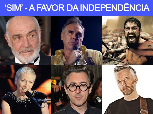 Algumas celebridades a favor da independência da Escócia: Sean Connery, Morrissey, Gerard Butler, Annie Lennox, Alan Cumming e Billy Bragg (Foto: Arquivo G1)
