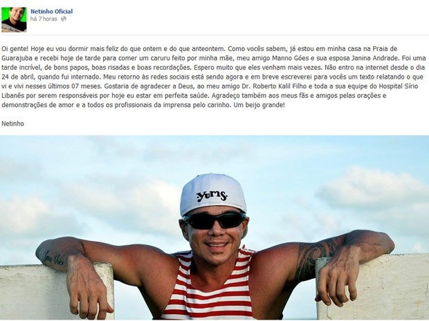 Netinho posta mensagem (Foto: Reprodução/Facebook)