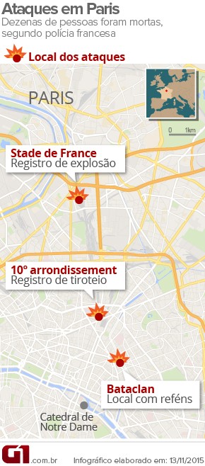 VALE ESTE - Ataques terroristas em Paris deixam mortos; houve explosões e há reféns (Foto: Arte/G1)