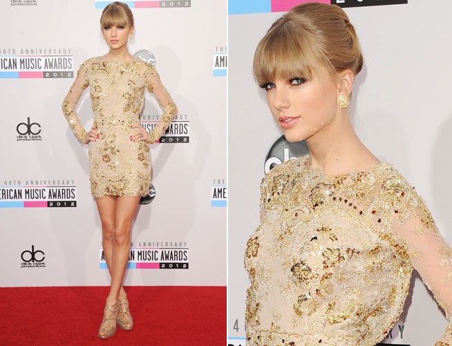 Taylor Swift apostou7 no vestido bordado Zuhair Murad para o American Music Awards 2012 (Foto: Getty Images)