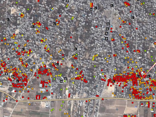 Imagem de satélite mostra destruição (pontos em vermelho) em assentamento no nordeste da Faixa de Gaza.  (Foto: Unosat/United Institute for Training and Research)