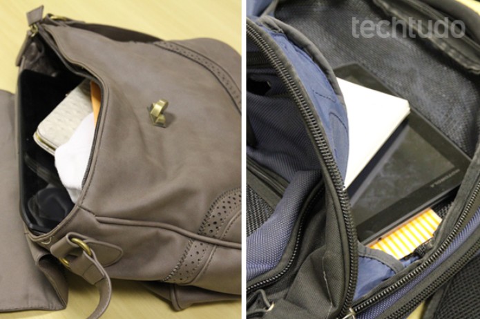 Xoom 2, dentro de uma bolsa feminina e de uma mochila (Foto: Marlon Câmara / TechTudo) Xoom 2, dentro de uma bolsa feminina e de uma mochila (Foto: Marlon Câmara / TechTudo)