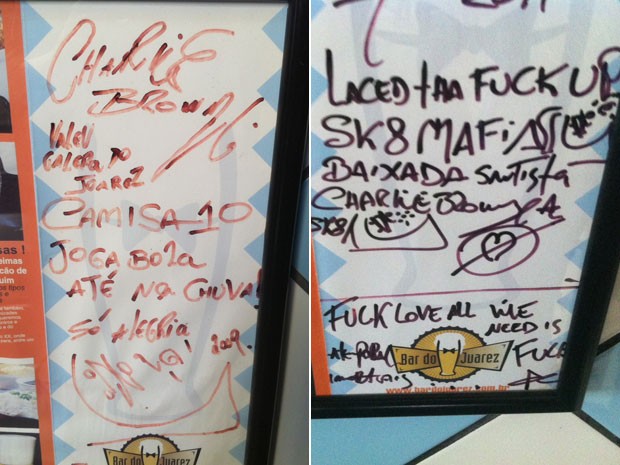 Dedicatórias escritas por Chorão, do Charlie Brown Jr, no Bar do Juarez, em Pinheiros, próximo ao apartamento onde o músico foi encontrado morto (Foto: Rodrigo Ortega/G1)