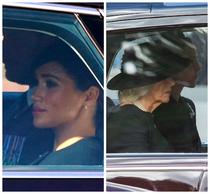 A atriz e Duquesa Meghan Markle em um carro e a rainha consorte e a Princesa Kate Middleton em outro veículo durante o funeral da Rainha Elizabeth II (1926-2022) (Foto: Getty Images)