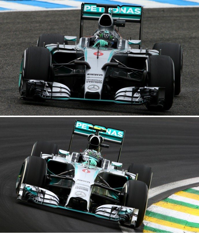 Comparação entre os carros da Mercedes de 2015 (acima) e 2014 revela poucas diferenças visuais (Foto: Getty Images)