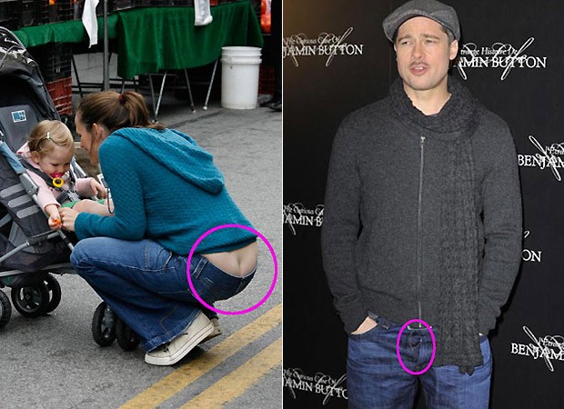 A atriz Jennifer Garner mostrou mais do que devia em passeio com a filha (à esq.); Brad Pitt esqueceu a braguilha da calça aberta na première do filme "O Curioso Caso de Benjamin Button" (Foto: Reprodução)