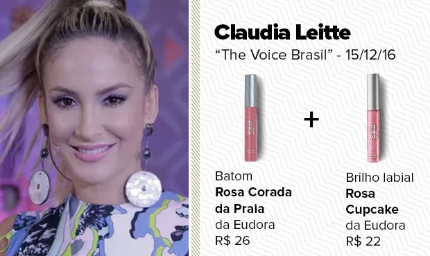 O batom, usado pela técnica Claudia Leitte, no The Voice Brasil, do dia 15/12/16, é uma mistura com do batom líquido Rosa Corada da Praia com o brilho de boca Rosa Cupcake, ambos da marca Eudora. (Foto: Sandy Bahia/EGO)