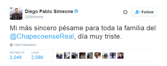 simeone lamenta acidente da chapecoense (Foto: Reprodução Twitter)