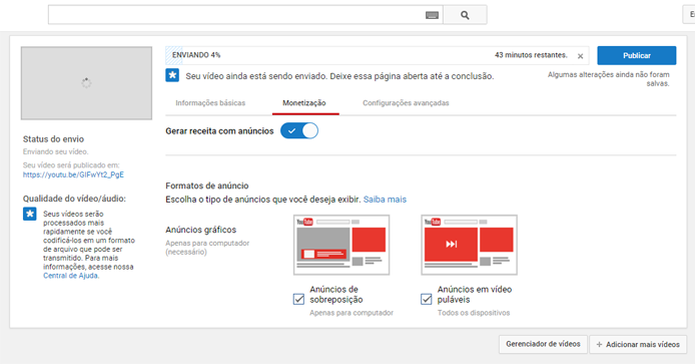 Usuários podem exibir publicidade para ganhar dinheiro com seus vídeos do YouTube (Foto: Reprodução/João Kurtz) Usuários podem exibir publicidade para ganhar dinheiro com seus vídeos do YouTube (Foto: Reprodução/João Kurtz)