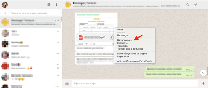 Depois de enviar por mensagem, abra o WhatsApp no computador e salve o arquivo (Foto: Gabriella Fiszman/ TechTudo)