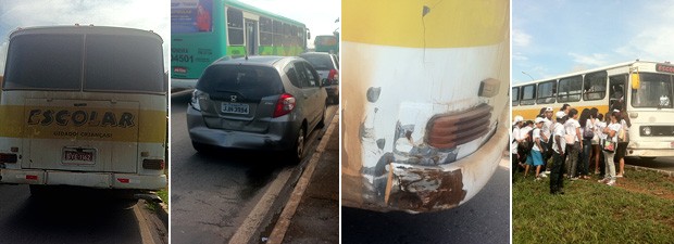 Ônibus com 39 crianças bateu em um veículo de passeio na entrada do Parque da Cidade, em Brasília, na manhã desta quinta-feira (29). Ninguém ficou ferido. Crianças seguiram viagem em outro veículo (Foto: Raquel Morais/G1)